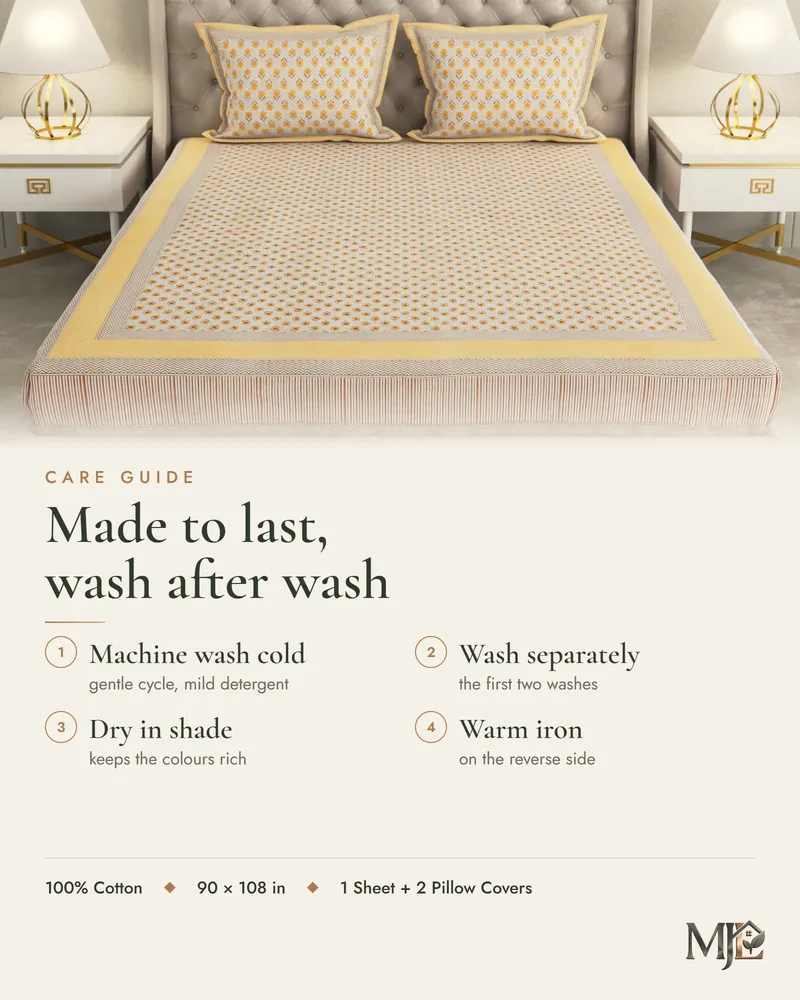 Care guide for Sand & Saffron Buti Bedsheet