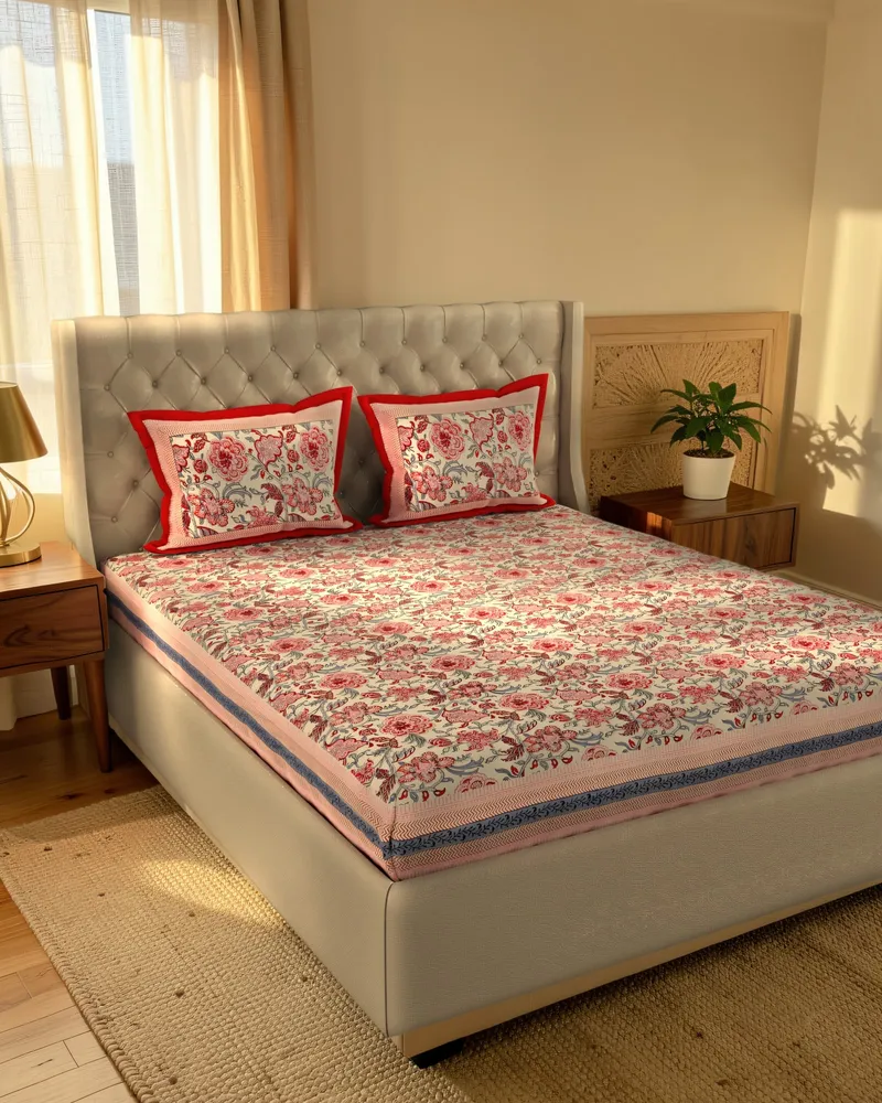 Rose Floral Jaal Bedsheet: In a room