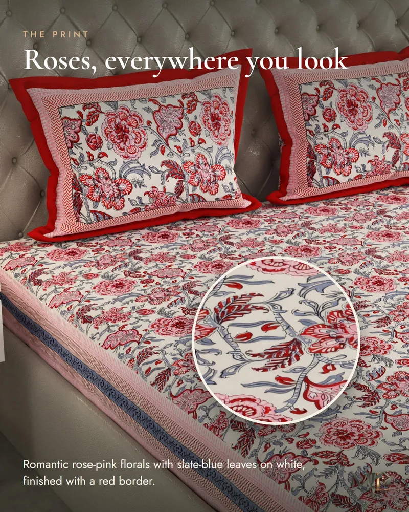 Rose Floral Jaal Bedsheet: Print close-up